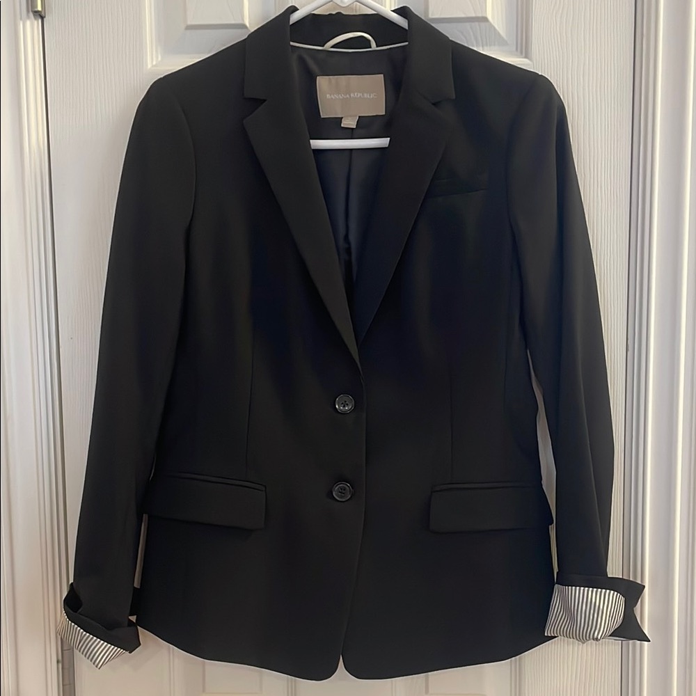 Banana Republic Wool Black Blazer with Striped Cuffs